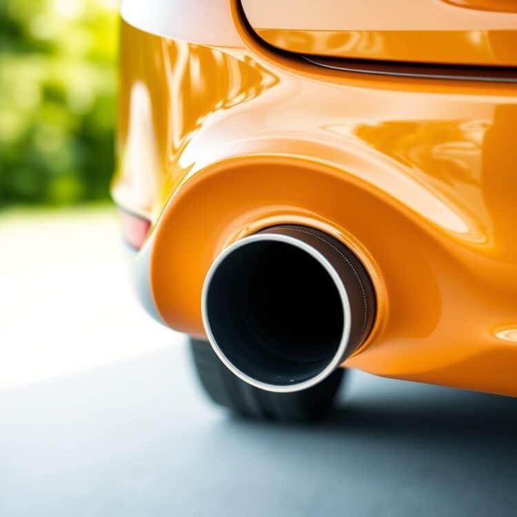 A professional stock photo of a Ford Fiesta with a focus on its exhaust pipe, symbolizing environmental impact, set against a clean, green background to emphasize eco-friendliness.