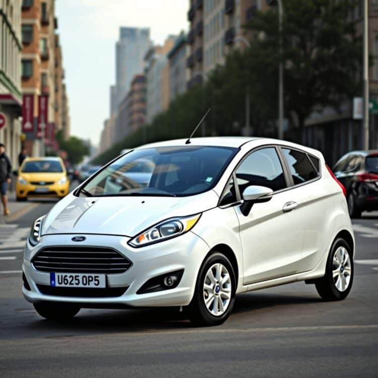 A high-quality stock image of a Ford Fiesta parked in a city setting, highlighting its suitability for urban driving conditions, with a clear focus on the vehicle's compact design.