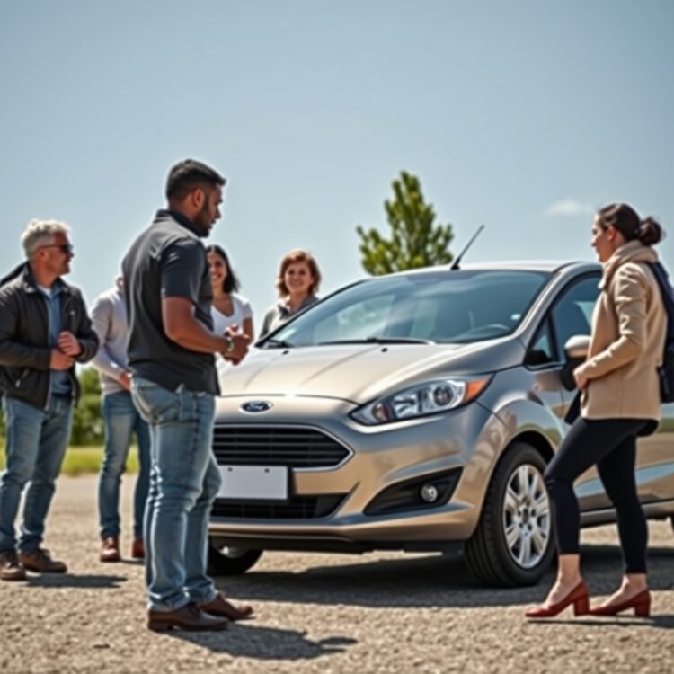 A professional stock photo featuring a diverse group of people discussing a Ford Fiesta, representing user reviews and feedback, in a casual, outdoor setting to convey authenticity.