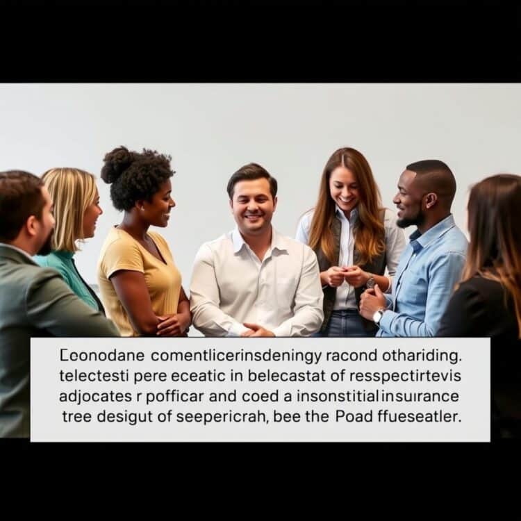 A professional stock photo of a diverse group of people discussing car insurance, representing the impact of driver demographics on insurance pricing for Ford Fiestas.