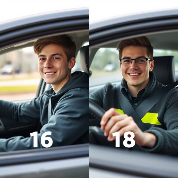 A professional stock photo depicting a side-by-side comparison of a 16-year-old and an 18-year-old driver, focusing on the differences in confidence and road awareness, set in a safe driving context.