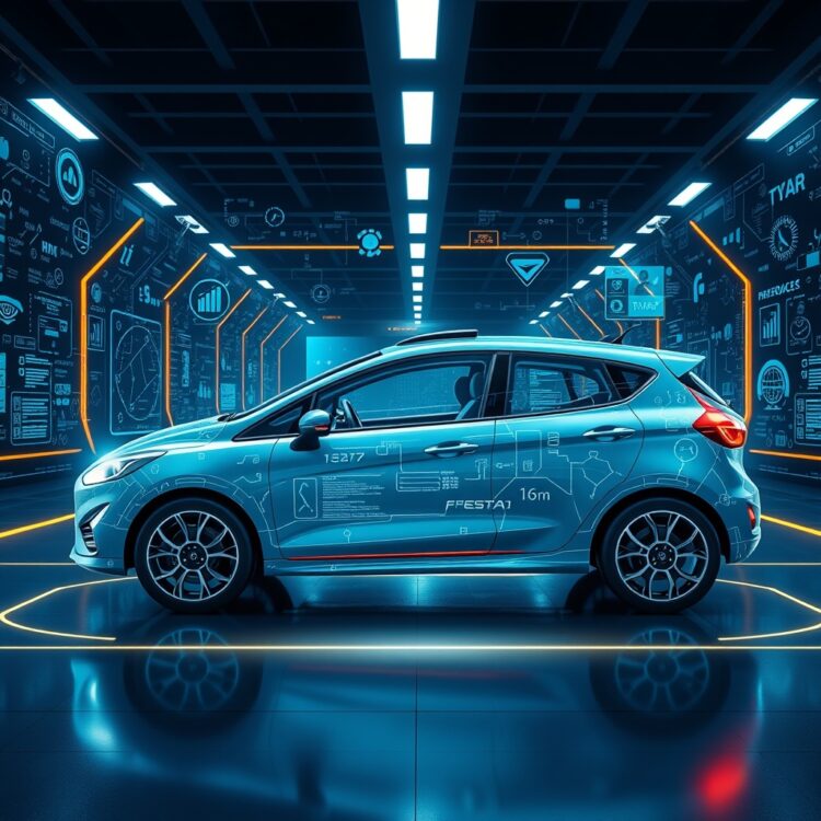 A futuristic stock photo showcasing emerging car technology and digital interfaces, symbolizing future trends in car insurance for Ford Fiestas.