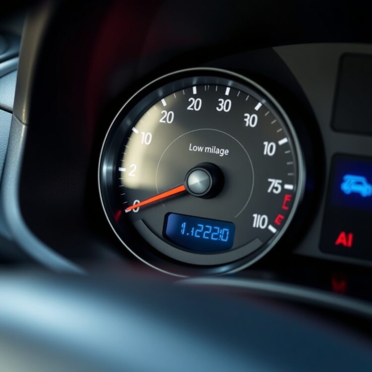 A close-up of a Ford Fiesta's odometer showing low mileage, with a clean dashboard in the background, symbolizing the importance of mileage in car valuation.