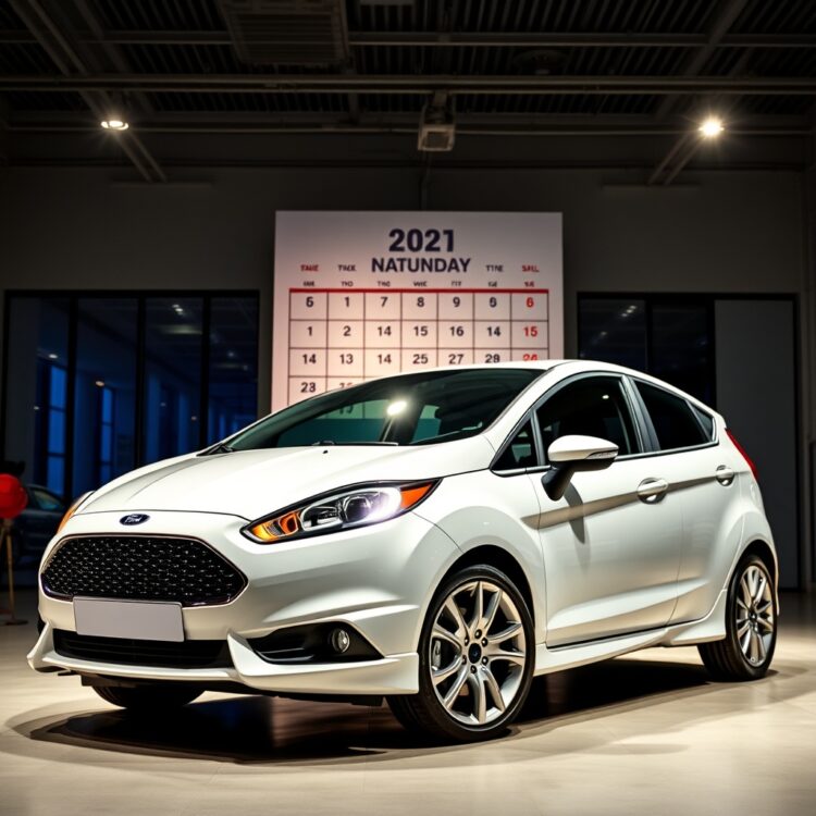 A sleek Ford Fiesta parked in a showroom under bright lights, with a calendar marked on a specific date in the background, representing the best time to sell for maximum value.