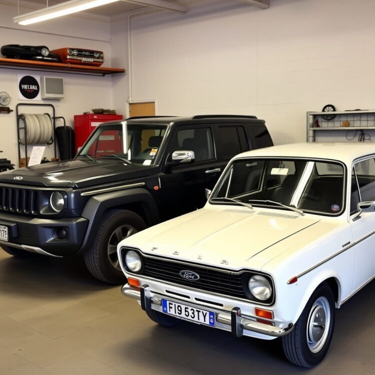 A vintage Ford Fiesta next to a modern SUV in a collector's garage, highlighting the investment potential and collectibility of the Fiesta.