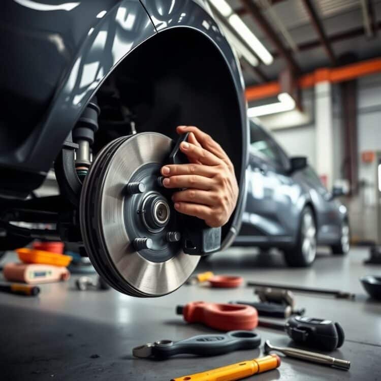 A professional stock photo of a Ford Fiesta undergoing a brake pad replacement in a well-lit garage, showcasing the mechanic's hands working on the car with tools scattered around.