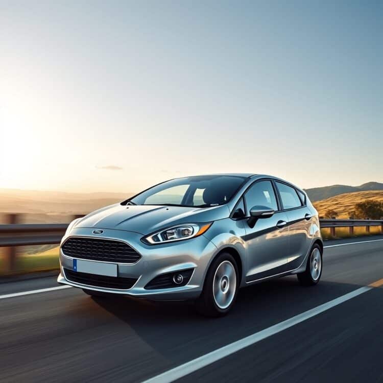 A high-quality stock image of a Ford Fiesta being driven smoothly on a scenic road, emphasizing the importance of driving habits on vehicle maintenance costs.
