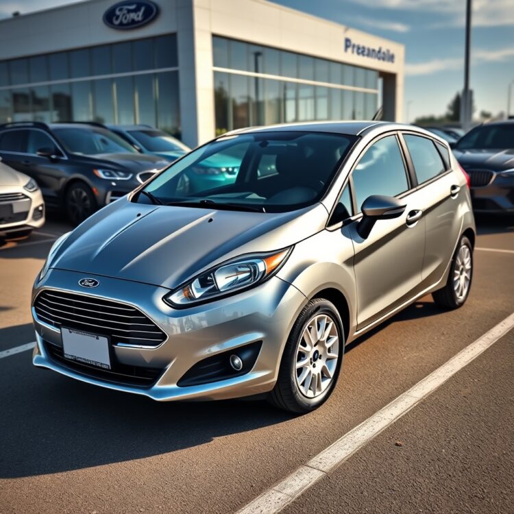 A professional stock photo of a shiny, well-maintained Ford Fiesta parked in a dealership lot, highlighting the impact of maintenance on resale value.