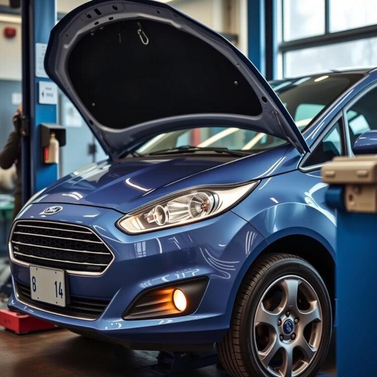 A professional stock photo of a Ford Fiesta undergoing an oil and filter change at a service center, highlighting the importance of regular maintenance.