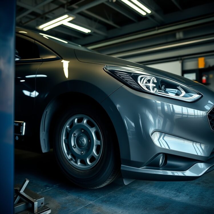 A high-quality stock image showing a Ford Fiesta receiving a full service check-up, including tire rotation and brake inspection, in a well-lit garage setting.