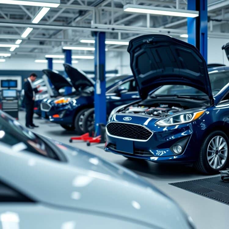 A professional stock photo depicting the latest Ford Fiesta service technologies in use, such as diagnostic tools and digital service records, in a modern service center.