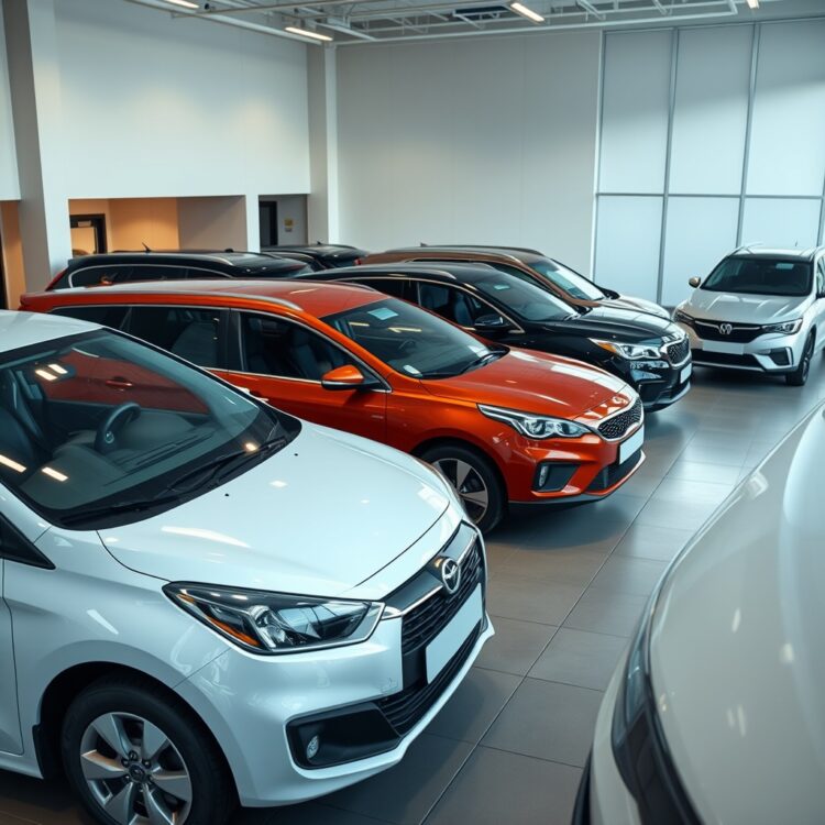 A sleek lineup of compact cars, midsize sedans, and SUVs parked in a showroom, showcasing their reliability and design under bright, professional lighting.
