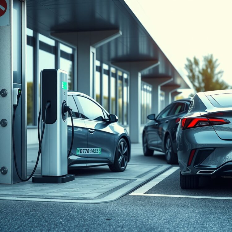 An electric vehicle charging at a modern station with a hybrid car parked nearby, symbolizing the future of reliable and efficient transportation.