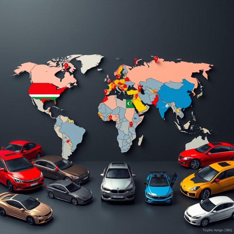 A world map with pins marking countries known for their automotive reliability standards, surrounded by various car models representing global manufacturing excellence.
