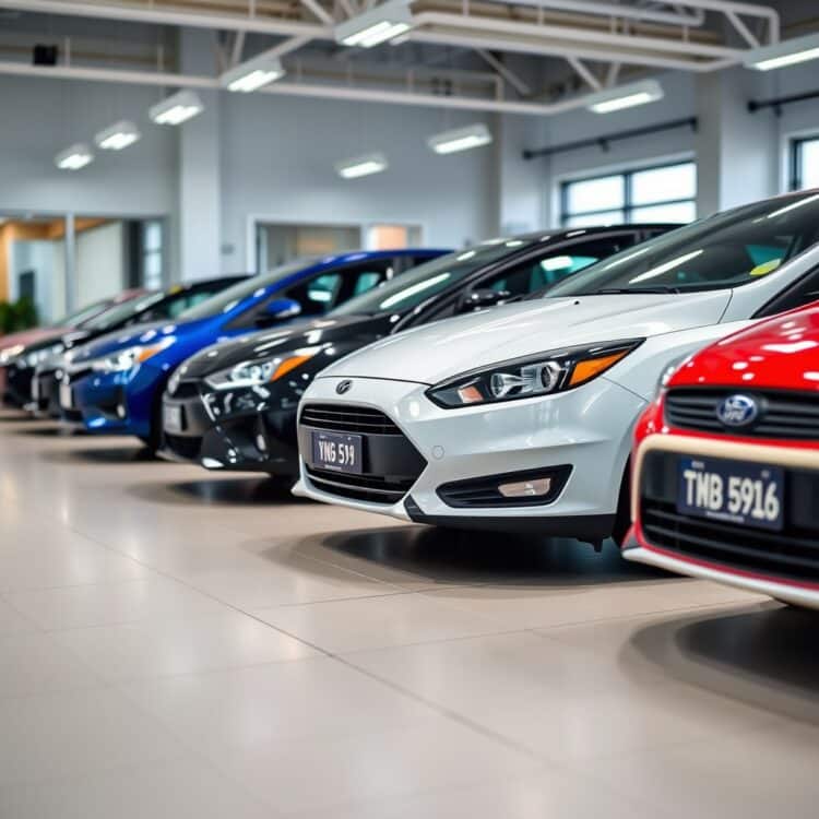 A professional stock photo featuring a lineup of top compact used car models including Honda Fit, Toyota Corolla, and Ford Focus, showcasing their sleek designs and compact sizes in a well-lit showroom setting.
