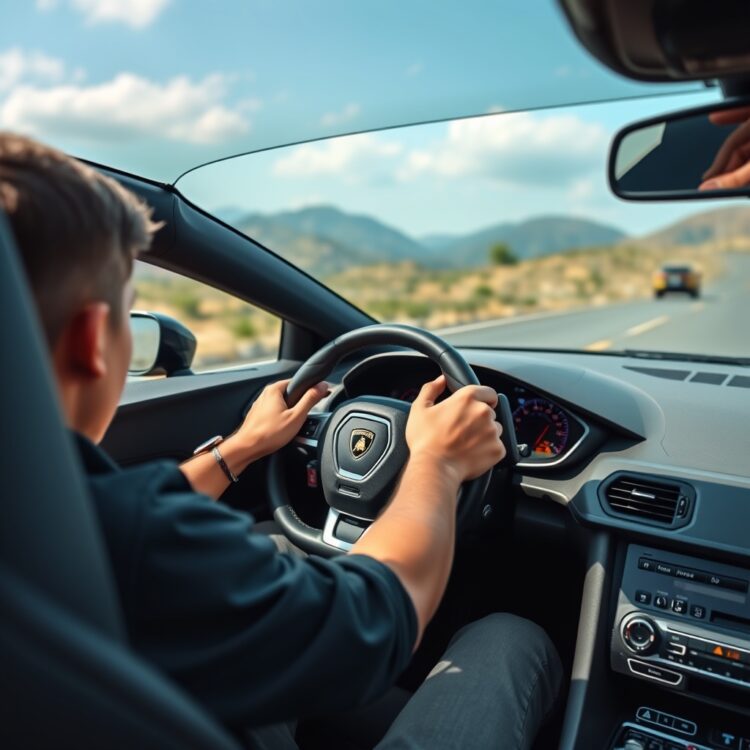 A young driver behind the wheel of a Lamborghini, with a focus on the driver's hands on the steering wheel and the speedometer showing high speed, set against a scenic road backdrop.