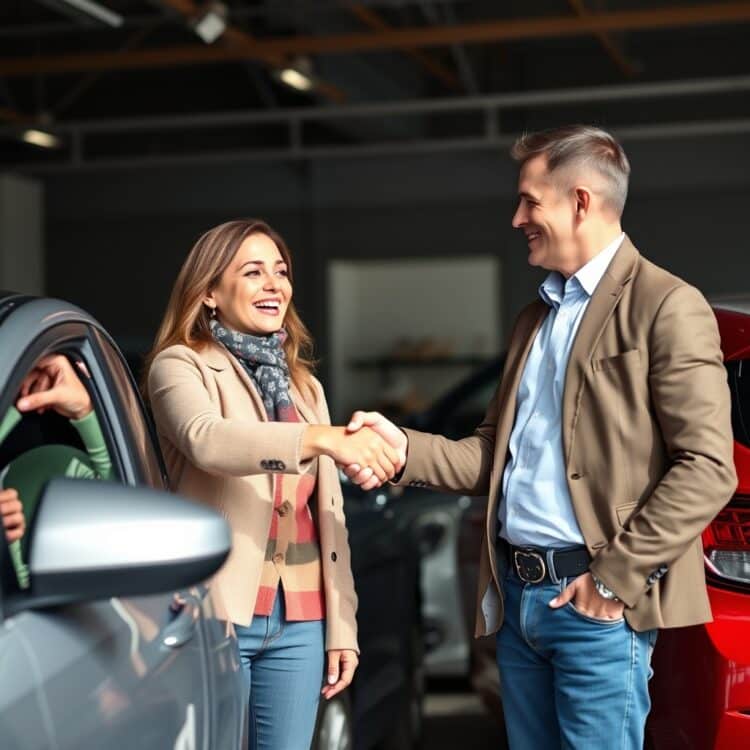 A high-quality stock image of a happy car owner shaking hands with a dealer after a successful purchase, symbolizing trust and satisfaction in buying a compact used car.
