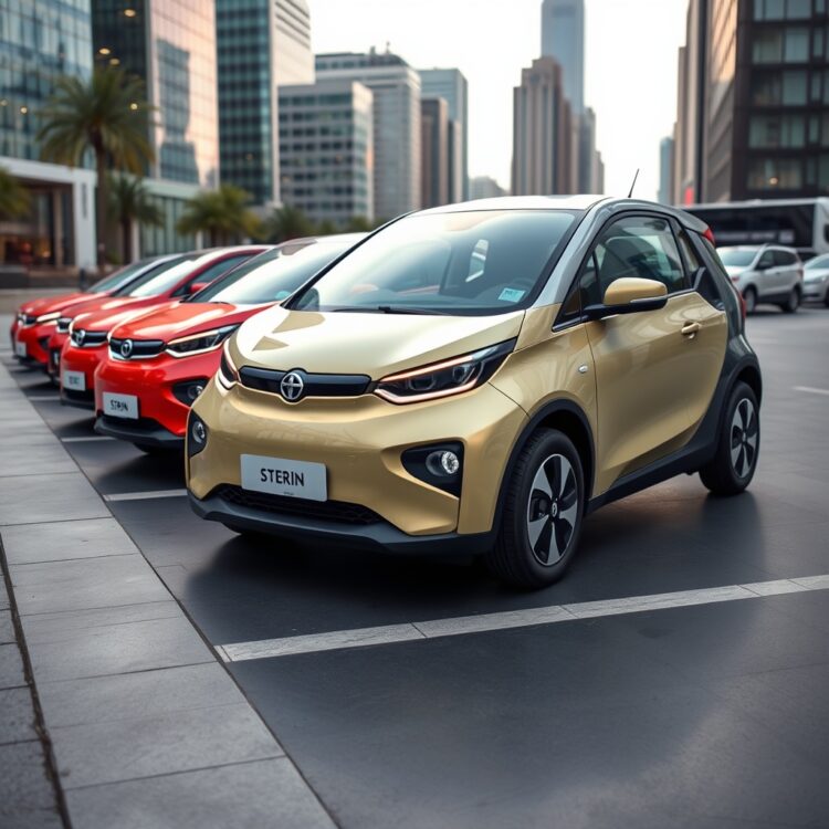 An engaging stock photo illustrating the future of compact used cars with electric models and innovative technology, set against a backdrop of a modern cityscape.