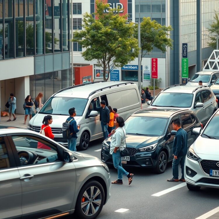 A modern urban scene with diverse consumers interacting with various vehicle types, highlighting changing consumer demands and preferences in the automotive market.