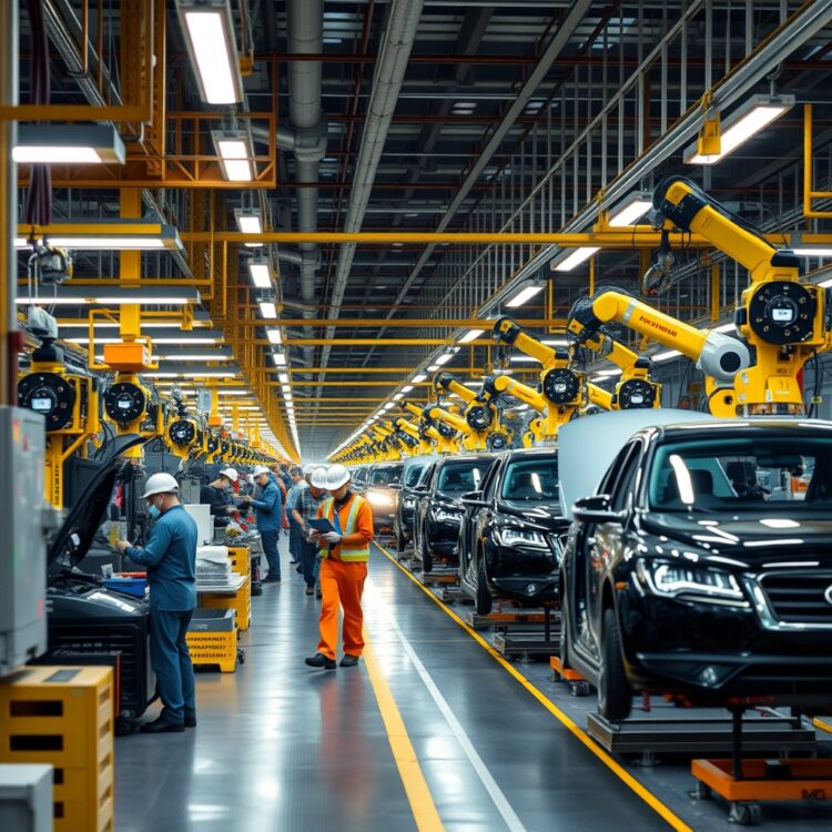 A bustling automotive factory floor with workers and robots assembling vehicles, showcasing the manufacturing and supply chain adjustments in the automotive industry.