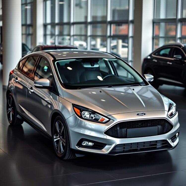 A sleek Ford Focus parked in a showroom with a focus on its design and features, representing the analysis of aftermarket and resale value trends.