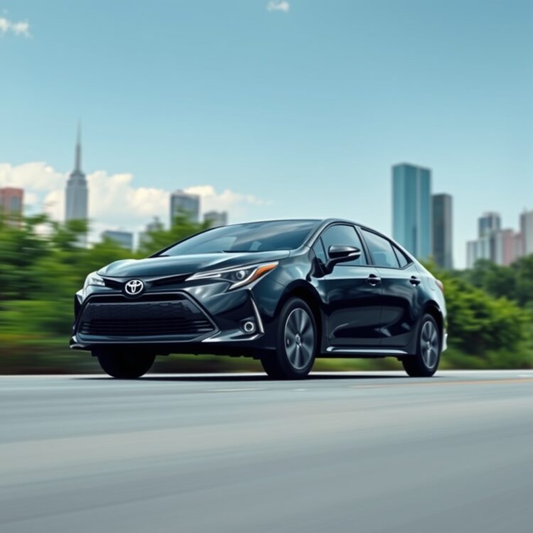 A sleek Toyota Corolla Hybrid driving through a green, eco-friendly cityscape, symbolizing reduced emissions and sustainability.