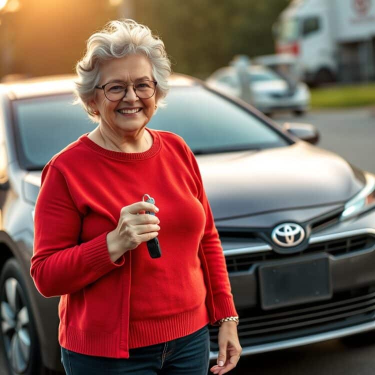 A happy Toyota Corolla Hybrid owner holding keys, standing next to their car, showcasing real-world satisfaction and ownership experience.