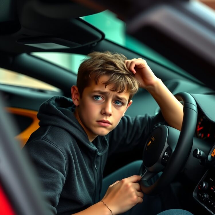 A teenager looking stressed while sitting in a luxurious Lamborghini interior, highlighting the contrast between youth and the high-end vehicle's dashboard and controls.