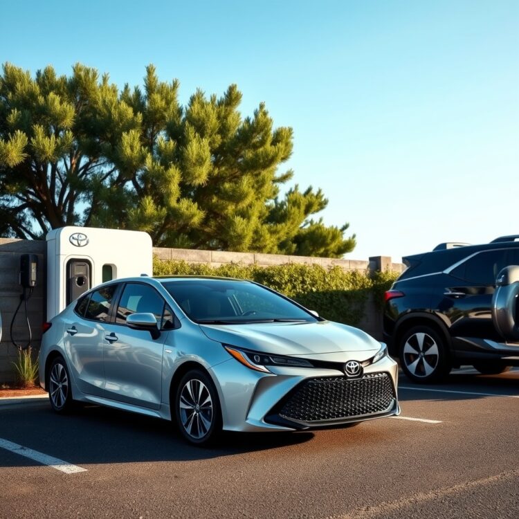 A sleek Toyota Corolla Hybrid parked next to a plug-in hybrid and an electric vehicle, showcasing the differences in charging methods under a clear blue sky.