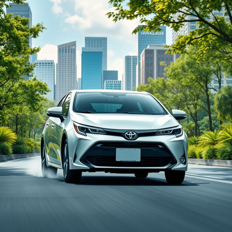 A Toyota Corolla Hybrid driving through a green, eco-friendly cityscape, symbolizing reduced carbon footprint and environmental benefits.
