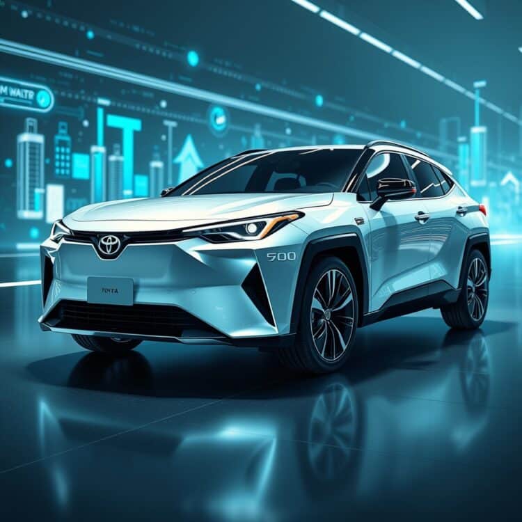 A futuristic concept image of a Toyota hybrid vehicle with advanced technology features, set against a backdrop of innovation and progress.