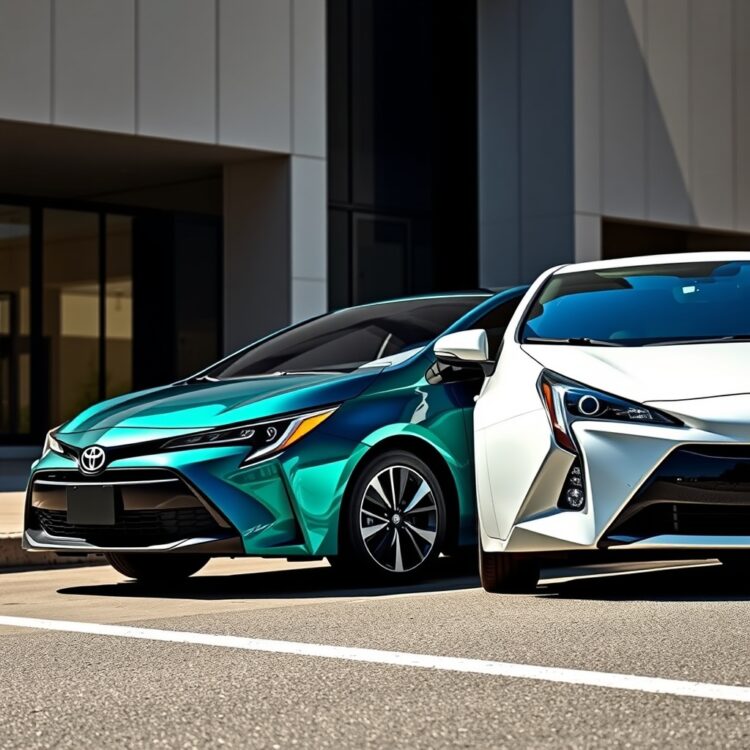 A sleek Toyota Corolla Hybrid and Prius parked side by side, highlighting their exterior design differences under bright sunlight, with a modern urban backdrop.