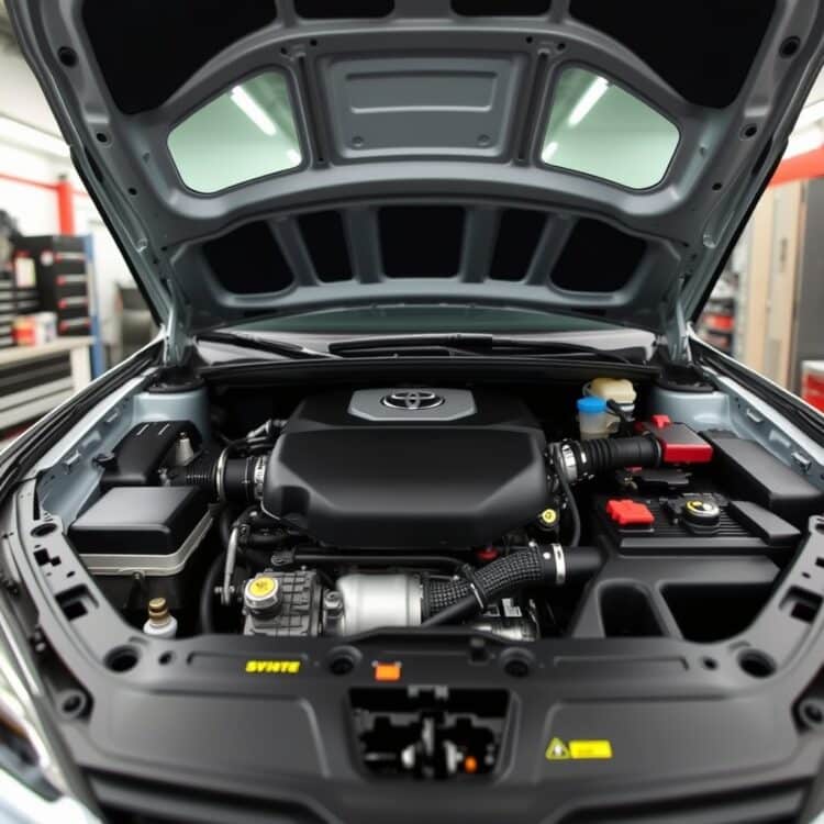 A detailed close-up of a Toyota hybrid engine bay, showcasing the advanced technology and components, with a clean, professional workshop setting.