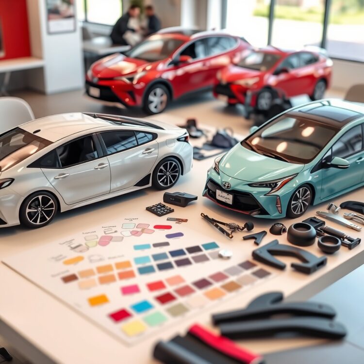 A vibrant display of Toyota Corolla Hybrid and Prius customization options, including color samples and accessories, arranged on a well-lit table.