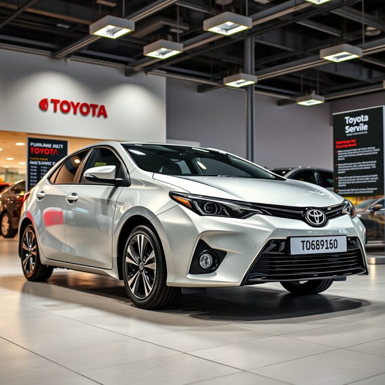 A sleek Toyota Corolla parked in a modern UK dealership, showcasing its elegant design under bright showroom lights, with a focus on its price tag and financing options displayed nearby.