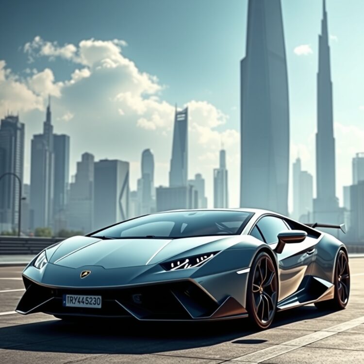 A futuristic cityscape with a sleek, electric Lamborghini model parked in the foreground, symbolizing the future of young drivers and supercar technology.