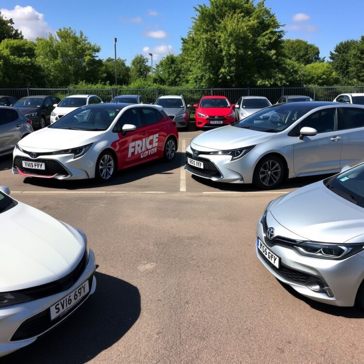 A side-by-side comparison of a Toyota Corolla and its main competitors in a UK car park, highlighting the Corolla's superior resale value and depreciation rates under clear daylight.