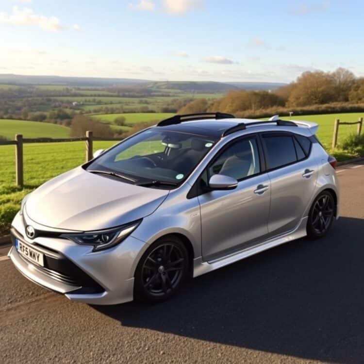 A customized Toyota Corolla with premium add-ons like alloy wheels and a sunroof, parked in a scenic UK countryside setting, emphasizing the cost and value of customization options.