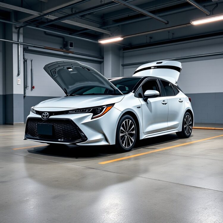 A modern Toyota Corolla Hybrid parked in a well-lit garage, showcasing its sleek design with the hood slightly open to hint at battery maintenance, under professional lighting.