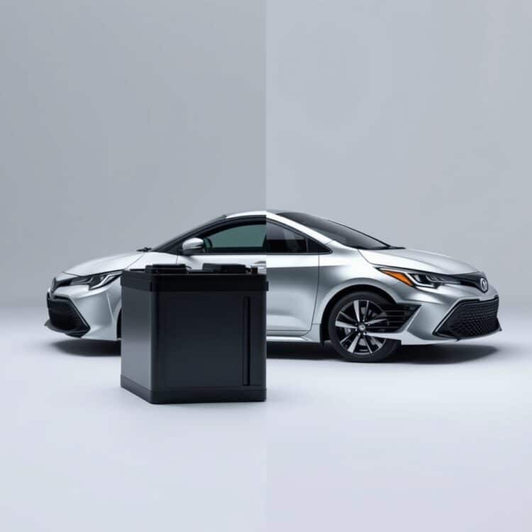 A side-by-side comparison of a Toyota Corolla Hybrid battery and another hybrid model's battery, highlighting differences in design and technology in a professional studio setting.