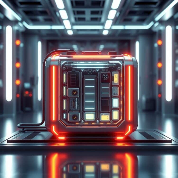 A futuristic concept image of hybrid battery technology, with glowing elements and a sleek design, representing the latest advancements in a high-tech laboratory environment.