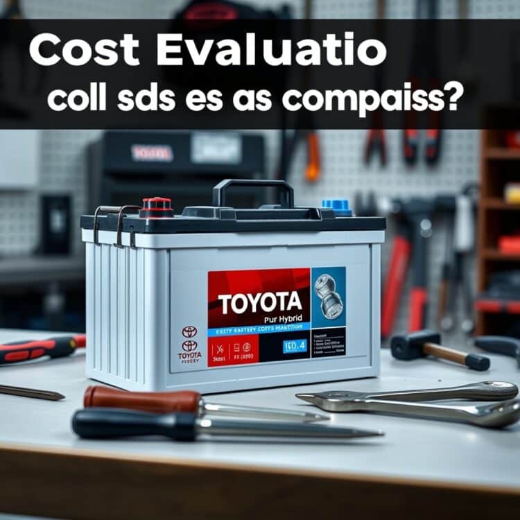 A professional stock photo of a Toyota hybrid battery placed on a clean, well-lit workbench with tools around it, symbolizing the cost evaluation and comparison process.