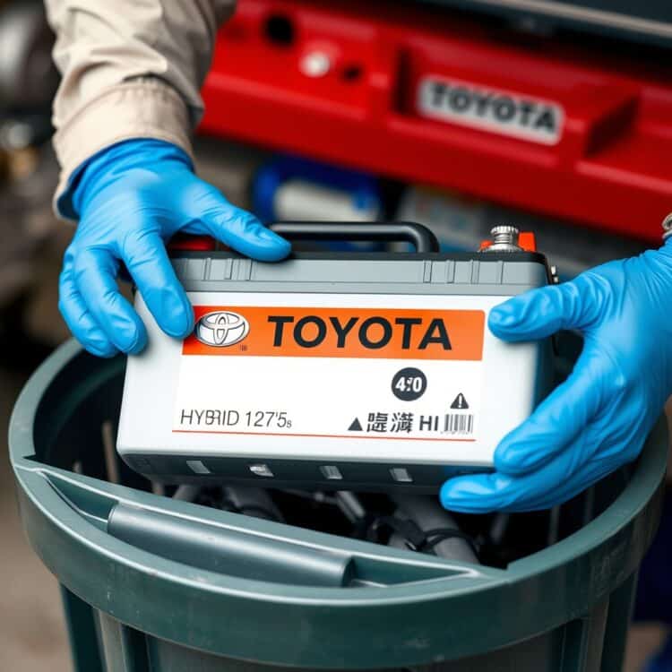 A high-quality stock image showing a Toyota hybrid battery being carefully placed into a recycling bin by gloved hands, highlighting environmental responsibility and disposal processes.