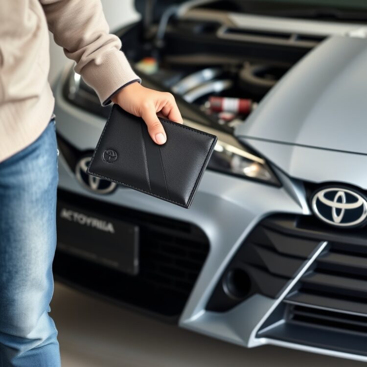 A professional stock photo depicting a person holding a wallet next to a Toyota hybrid car, symbolising cost-saving tips and financial considerations for battery maintenance.