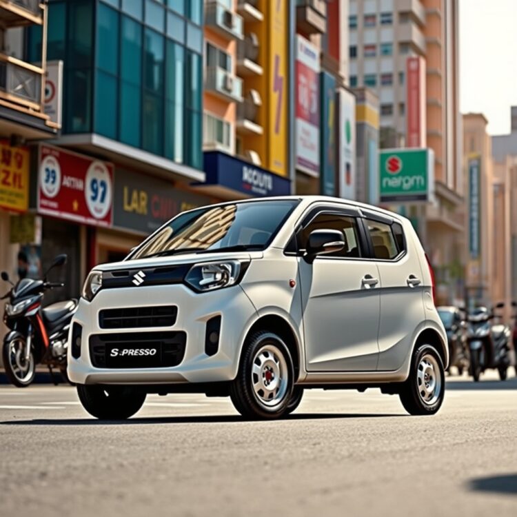 A compact and economical Maruti Suzuki S-Presso in a vibrant cityscape, highlighting its small footprint and affordability for first-time car buyers, under bright sunlight.