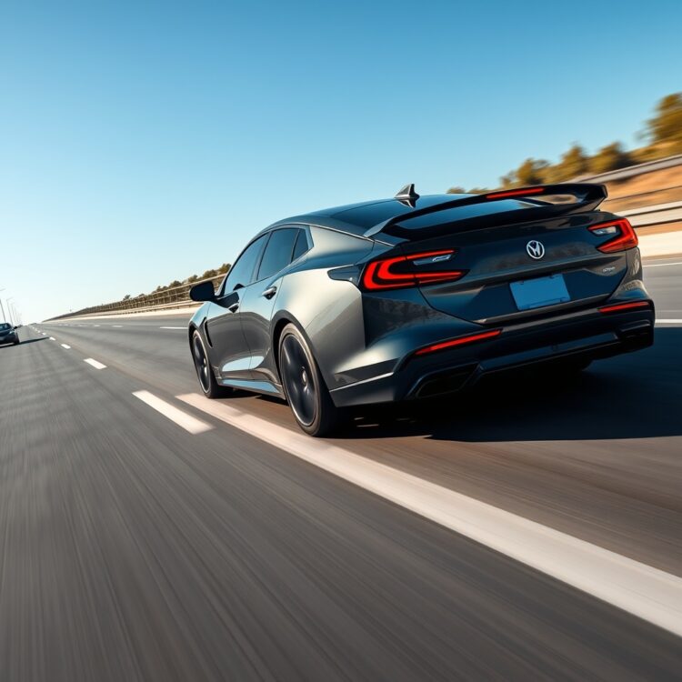 A sleek hybrid vehicle accelerating on a highway, showcasing its performance and power output under clear blue skies.