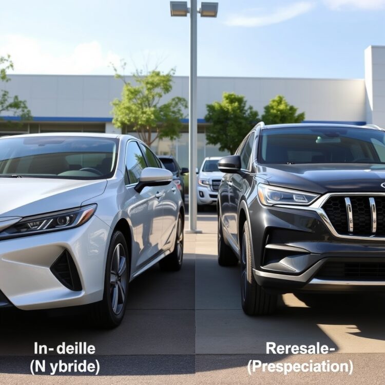 A side-by-side comparison of a hybrid vehicle and a traditional vehicle at a dealership, highlighting resale value and depreciation factors.