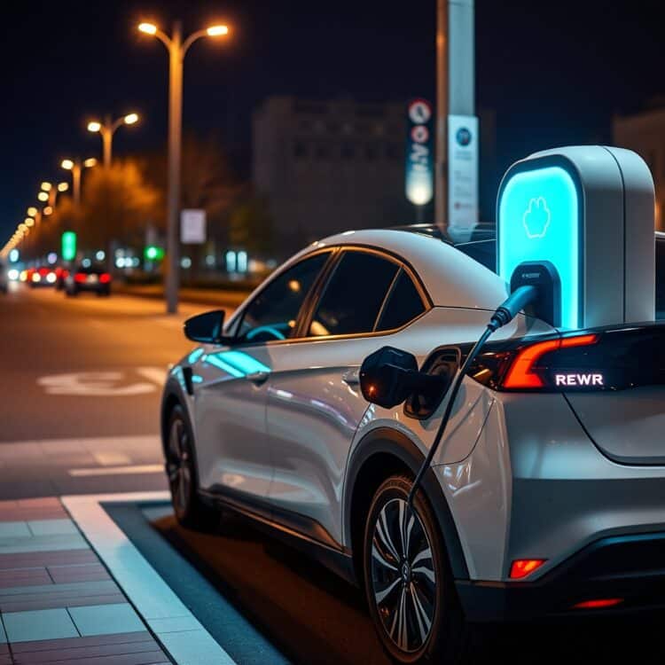 A modern hybrid vehicle charging at a public station, illustrating the availability and convenience of charging infrastructure under city lights.