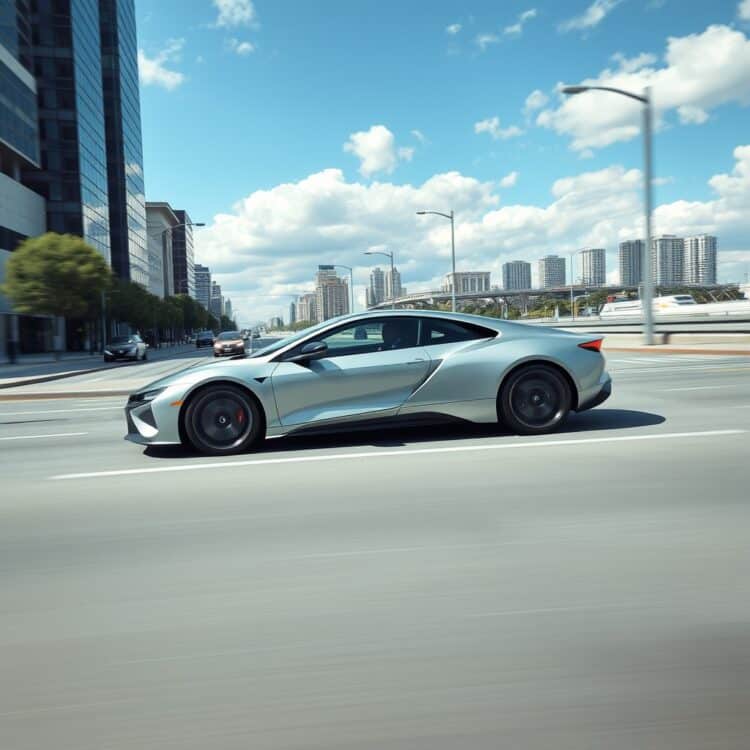 A sleek hybrid car navigating through city traffic and open highway, illustrating the impact of driving conditions on fuel switching.