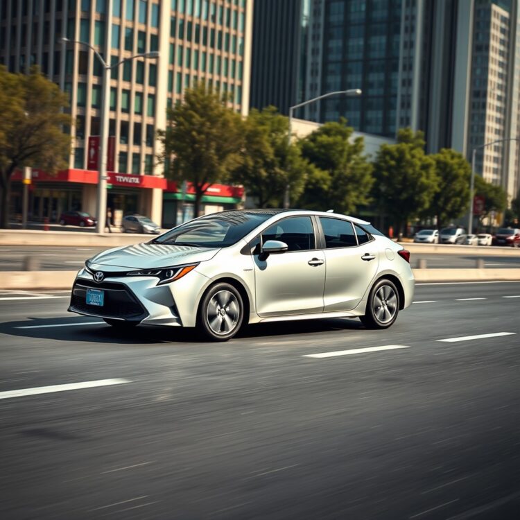A Toyota Corolla Hybrid driving on a city road with a focus on fuel efficiency, showcasing the vehicle's sleek design and eco-friendly features under varying environmental conditions.